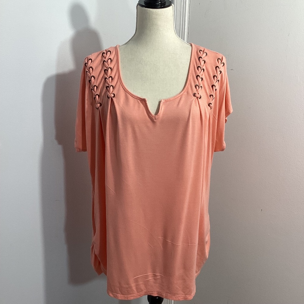 ONE WORLD WOMAN 3X CORAL BLOUSE KIMONO SHORT SLEEVE STUDS SHIRRED ASIDE